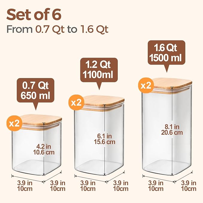 ComSaf Airtight Glass Storage Canister with Lids (0.7Qt/1.2Qt/1.6Qt) Set of 6, Food Storage Container Kitchen Pantry Storage Jar, Glass Jars for Flour Cereal Sugar Tea Coffee Beans Snacks, Square