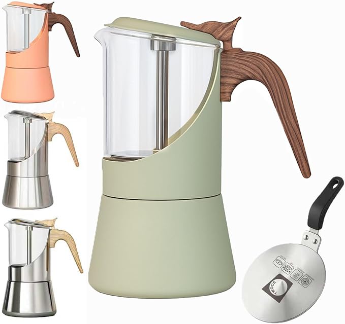 Glass Moka Pot for Stovetop & Induction - Italian Espresso Maker with Wood Handle & Leak-Proof Design - Comes with Induction Heat Diffuser Plate (6 Cup, Frosted 240ml)