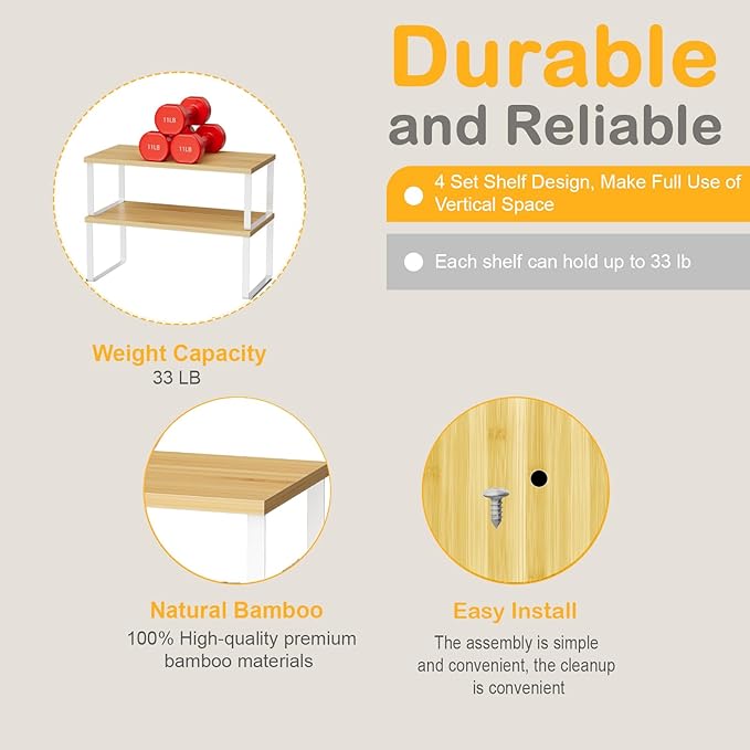 Cabinet Shelf Organizers, 15.7 inches Large Kitchen Counter Shelf, Set of 2 Wood Kitchen Pantry Organizer, Storage Shelves for Countertop, Spice Rack, Stackable, Expandable, Metal White, Nature