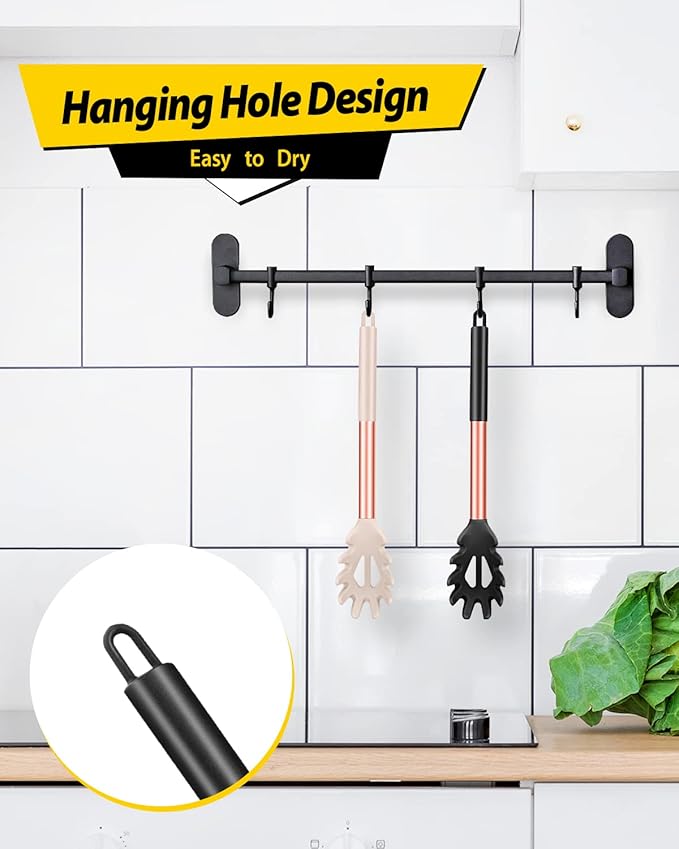 Pack of 2 Silicone Pasta Fork, Kitchen Heat Resistant Noodle Spoon Server, BPA Free Spaghetti Strainer, Best Cooking Tools (ROSE GOLD BLACK-KHAKI)