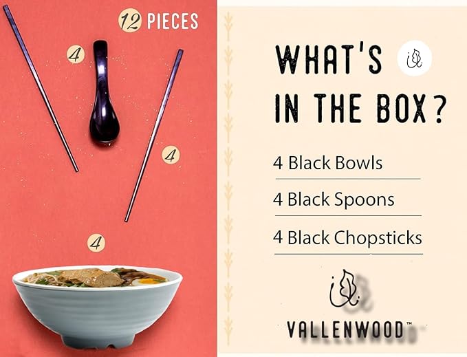 4 Ramen Bowls, 12 pieces Pho set. Gray White Asian Japanese soup. Utensil: Spoons And Chopsticks kit. Melamine. Large 37 oz. Noodles, Rice, Udon, Thai, Chinese, Korean, Wonton, Miso.