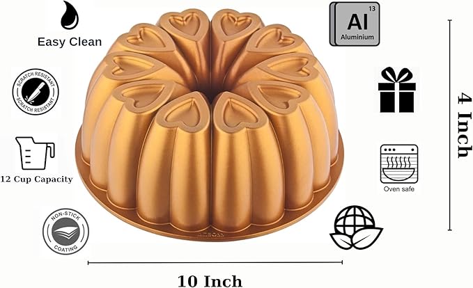 Heart Shape Aluminum Cake Pan, Titanium Coating, Non-Stick, 12 Cups, Heavy Duty, Gifts for Mom, Molded Cake Pan, 10 Inch Baking Mold, Cast Aluminum Fluted Tube Pan, Easy to Clean (Gold)