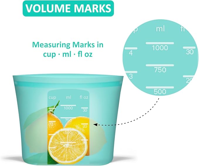 Reusable Food Bags, 8 Pack 100% Silicone Food Storage Bags Stand Up Zip Lock Container, Freezer Microwave Oven Dishwasher Safe, 4 Medium 2 Small 2 Extra Small, Aqua