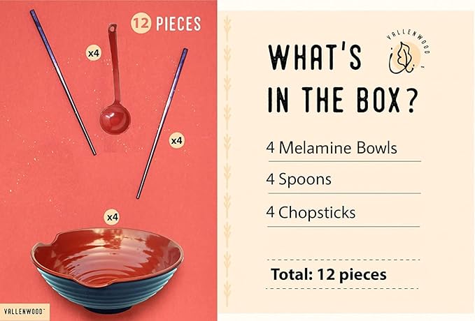 4 XL Ramen bowl set. 12 Pieces Pho Bowls. Asian Japanese soup. Utensil: Spoons and Chopsticks kit. Melamine, Large 52 oz. Noodles, Rice, Udon, Thai, Chinese, Korean, Udon, Wonton, Miso, 9 inch