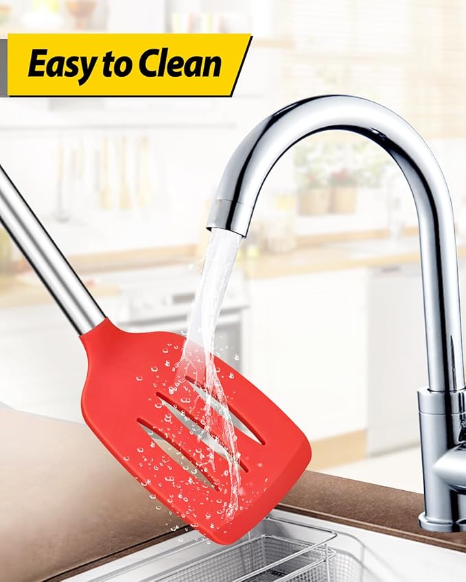 Pack of 4 Silicone Cooking Utensils Set, Non Stick Large Solid Spatulas, Heat Resistant Slotted Spoons, Ideal BPA Free Kitchen Turners for Frying, Mixing,Serving,Draining,Turning,Stirring (RED)