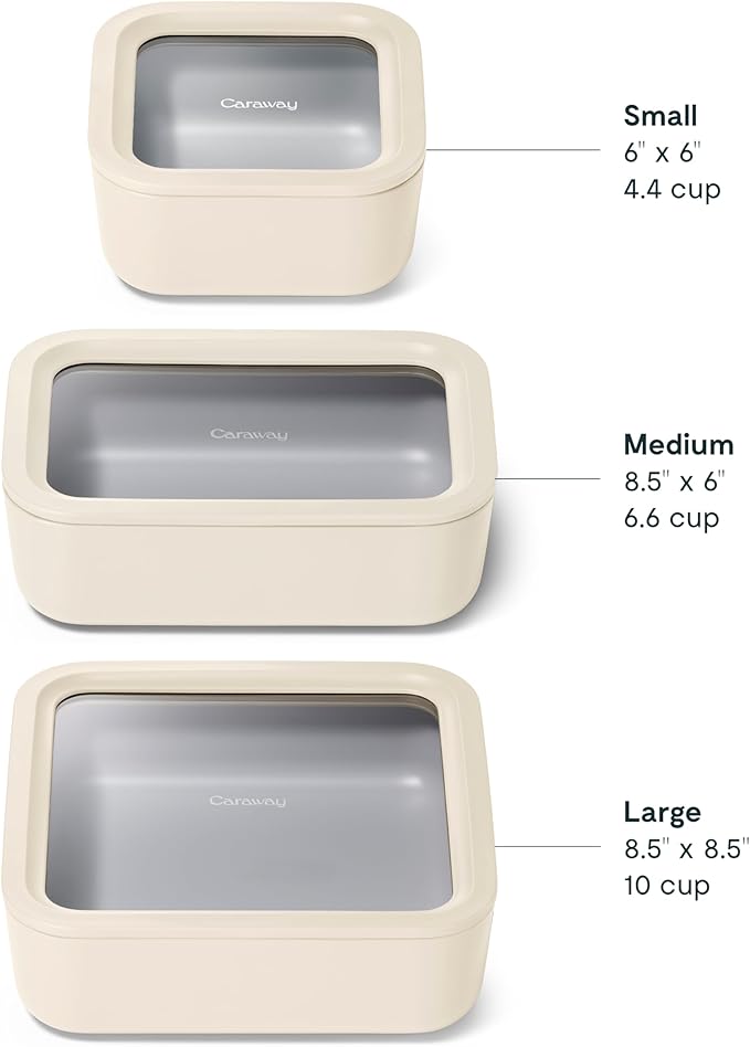 Caraway 3pc Glass Food Storage Set – 10 Cup, 6.6 Cup, & 4.4 Cup Food Containers - Ceramic Coated - Non Toxic Non Stick Lunch Box with Glass Lids - Dishwasher, Oven, & Microwave Safe - Cream