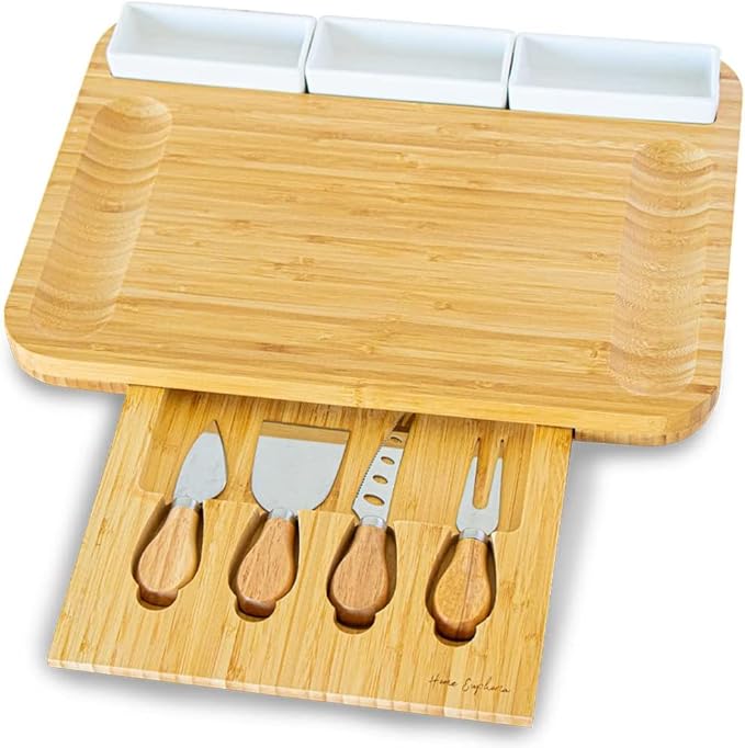 Home Euphoria Large Bamboo Charcuterie Board and Knife Set - Cheese Board with Bowls, Beautiful Gift for Mom