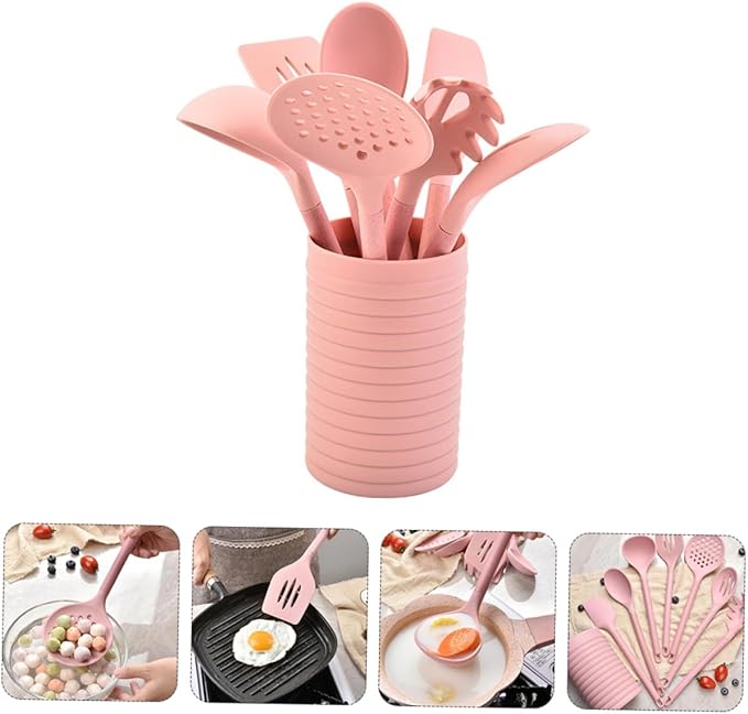Silicone Kitchenware with Wooden Handles Cooking Utensil Kit Including Spatula and Spoon with Storage Bucket Heat Resistant Non-stick Silicone Tools for Home and Restaurant Cooking