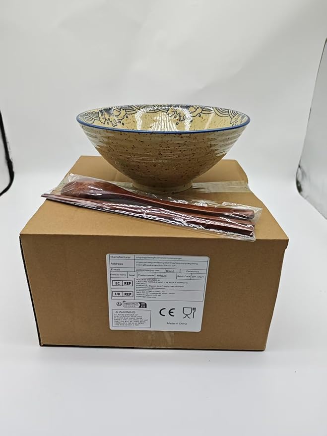 40 OZ ceramic ramen bowls, 8 IN large Japanese noodle soup bowl, match chopsticks and spoons, suitable for Pho, Udon Asian noodles (Japanese fish)