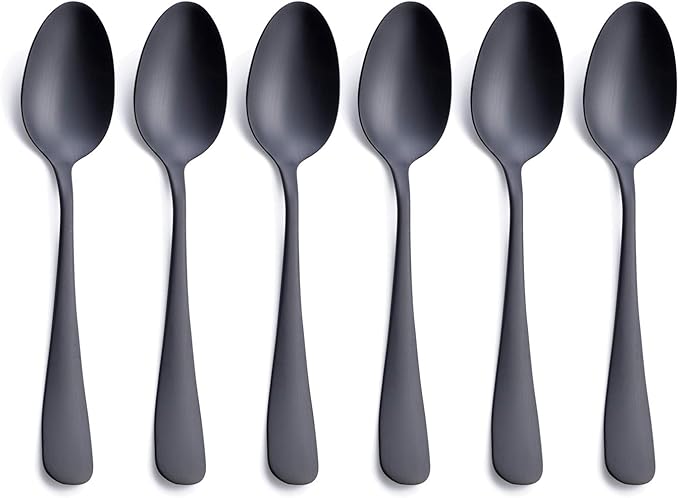 Matte Black Dessert Spoon, GoGeiLi Stainless Steel Satin Finish 6.8-inch Teaspoon Coffee Spoon Set, Service for 6, Dishwasher Safe