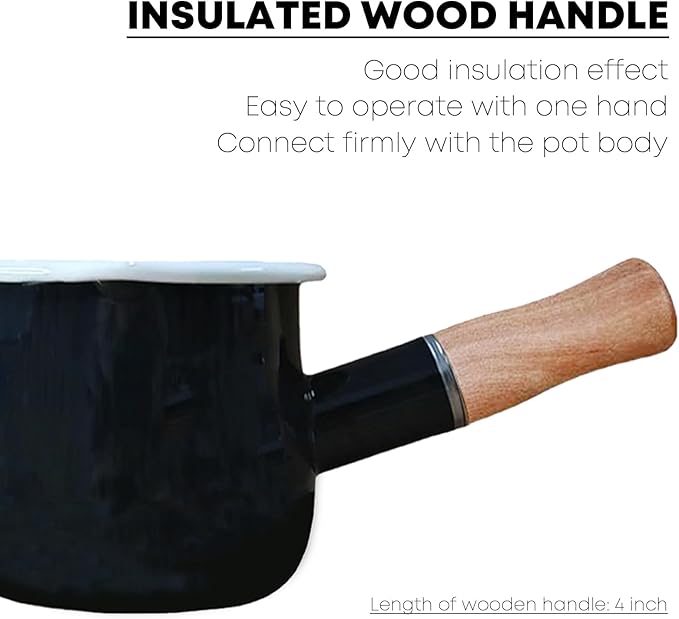0.6qt Mini Enamel Milk Pot Insulated Wooden Handle 2 Pour Spouts Small Food Warmer Cute Saucepan (D015,BLACK)