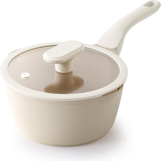 PRICUSIS Ceramic Nonstick Saucepan with Lid, 2 Quart Non Toxic Pot with Pour Spouts, Full Coated, 100% Dishwasher Safe, Induction Compatible & Oven Safe, PTFE PFAS & PFOA Free, Coconut White