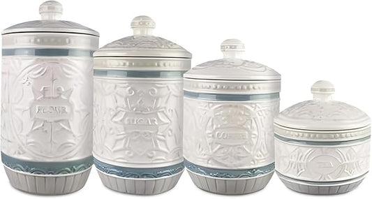 Young's Inc. 4 Pcs Set Casual Provincial Ceramic Canisters- Storage Container for Kitchen and Bathroom - Beautiful Home Decor Accent to Store Food, Coffee, Tea, and More - Green, White