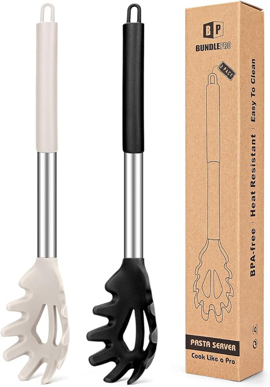 Pack of 2 Silicone Pasta Fork, Kitchen Heat Resistant Noodle Spoon Server, BPA Free Spaghetti Strainer, Best Cooking Tools (BLACK-KHAKI)