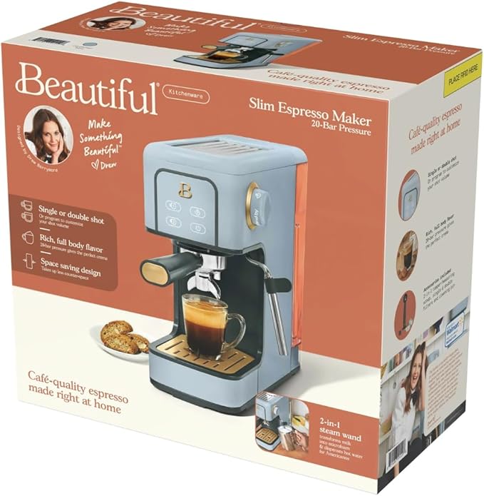 Beautiful Slim Espresso Maker by Drew Barrymore – 20‑Bar Pressure, Dual‑Spout 52 mm Portafilter, 50 oz Removable Tank, 2‑in‑1 Steam Wand & Touch Controls (Cornflower Blue)