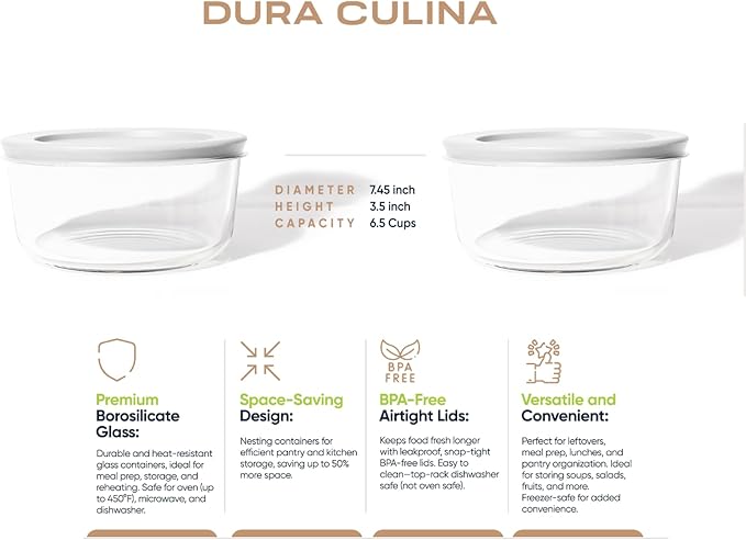 4-Piece Glass Food Storage Containers Set (2 Containers + 2 BPA-Free Lids) | 6.5-Cup, Leakproof | Microwave, Freezer, Oven & Dishwasher Safe | Ideal for Meal Prep & Pantry Organization, White