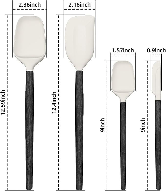 Wooden Handle Silicone Rubber Spatula Set for Kitchen Baking, Cooking, and Mixing High Heat Resistant Non Stick Dishwasher Safe BPA-Free Black+blue Set of 2 (Black Wooden Handle Spatula 4P)