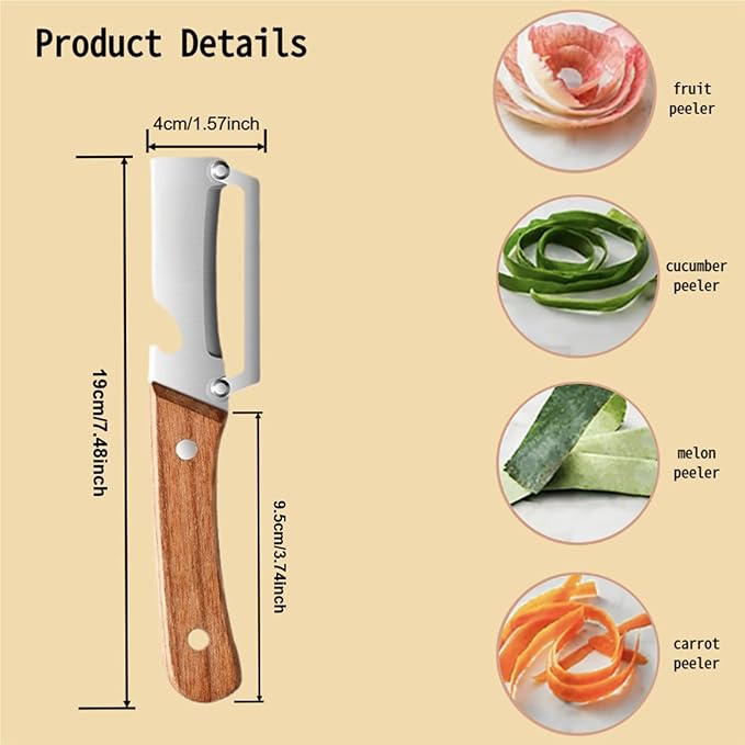 Multi-Functional Vegetable Peeler for Kitchen, Stainless Steel Sharp Blades Carrot Potato Peeler with Wooden Handle and Bottle Opener Kitchen Tool for Fruit Veggie Pumpkin Papaya Zucchini (1 Pcs)