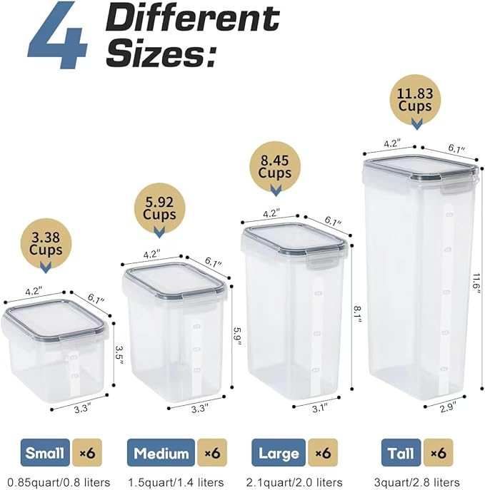 Airtight Food Storage Containers with Lids, Clear Pantry Canister Set for Kitchen Organization, Stackable Organizers for Flour, Sugar, Cereal, Rice, BPA Free Plastic 24 Pack with Different Sizes