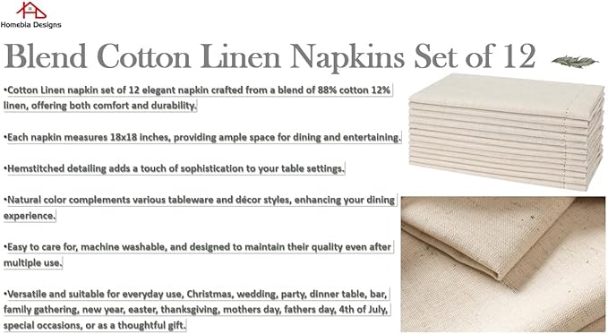 Natural Color Blend Cotton Linen Napkins Set of 12 - Hemstitched 18x18 Inch Decorative Elegant Soft Washable Reusable Flax Dinner Napkin for Dining Table Décor Weddings Party Christmas & Everyday Use
