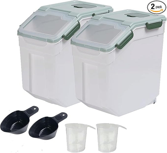 Large Flour Storage Container Bin 25lb, 2Pack Airtight Rice Storage Containers with Wheels Seal Locking Lid, BPA Free with Measuring Cup&Scoop for Flour, Rice, Grain(Green)
