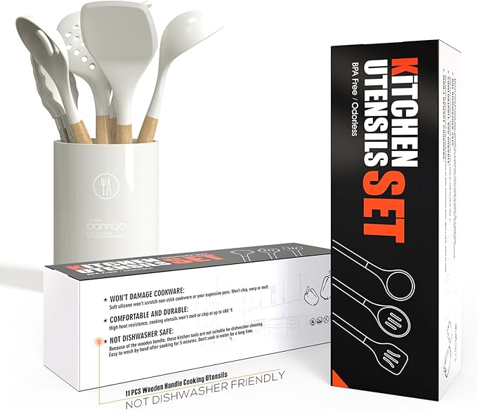 Silicone Cooking Utensils Set - 446°F Heat Resistant Silicone Kitchen Utensils for Cooking,Kitchen Utensil Spatula Set w Wooden Handles and Holder for Non-Stick Cookware, BPA FREE (Cream White)