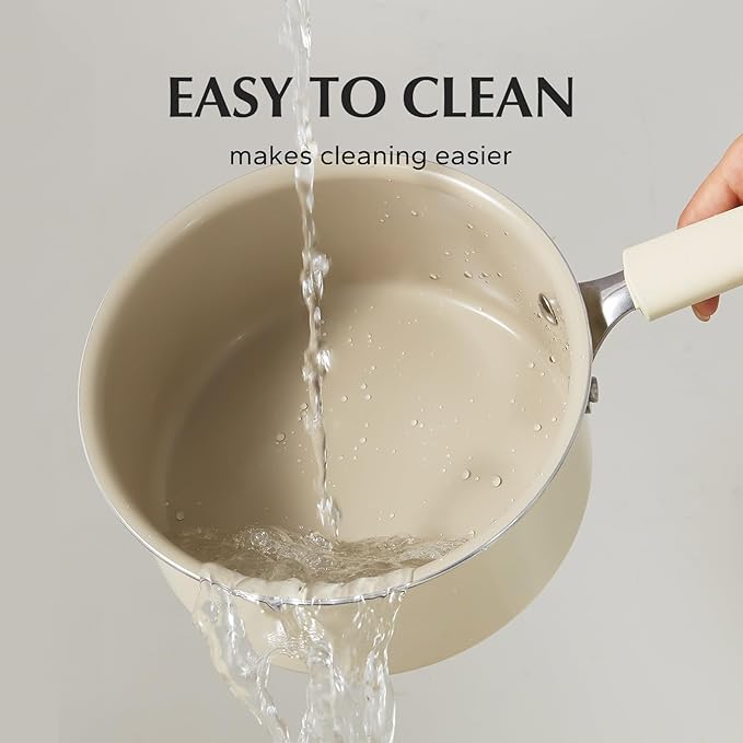 Redchef Ceramic Nonstick Saucepan with Lid, 2.5QT Small Cooking Pot, Non Toxic Sauce Pans for Kitchen, Cool Handle PFAS Free Compatible with All Cooktops, White