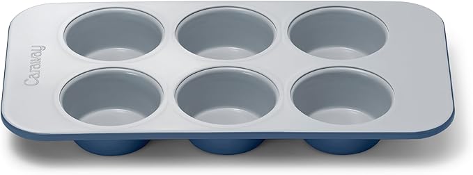 Caraway Nonstick Ceramic 6 Cup Muffin Pan – Non-Toxic, PTFE & PFOA Free – Oven Safe – Aluminized Steel Core – Small Muffin Pan for Baking Cupcakes, Muffins & More - Navy