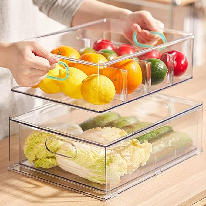 Eanpet 4Pack Stackable Refrigerator Organizer Bins Pull Out Drawer Large Vegetable Fruit Storage for Fridge Organizer Drawers with Handle Clear Food Storage Container Box for Kitchen Pantry Cabinet
