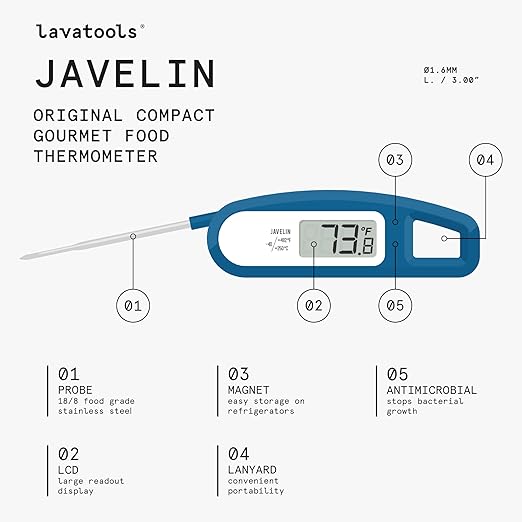 Lavatools Javelin® Ultra-Fast 2-Second Digital Instant Read Meat Thermometer for Grill and Cooking, 2.75" Probe, Compact Foldable Design, Large Display, IP65 Water Resistant, NSF Certified – Ube