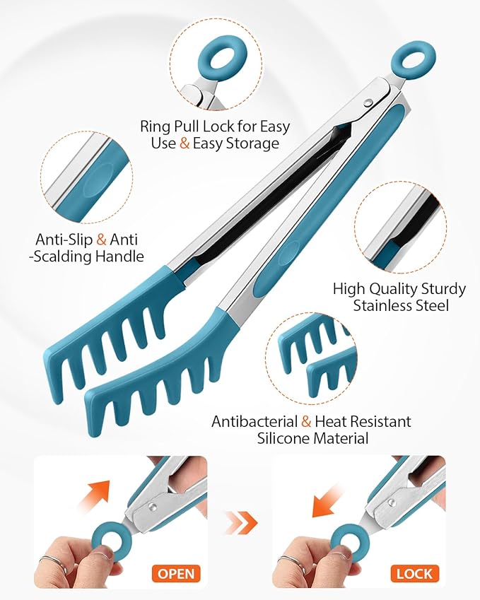 Silicone Spaghetti Spoon & Pasta Tong, Non-Stick Stainless Steel Handle Pasta Fork Set with Teeth, Food Clip for Easy Serving of Noodles (Blue)