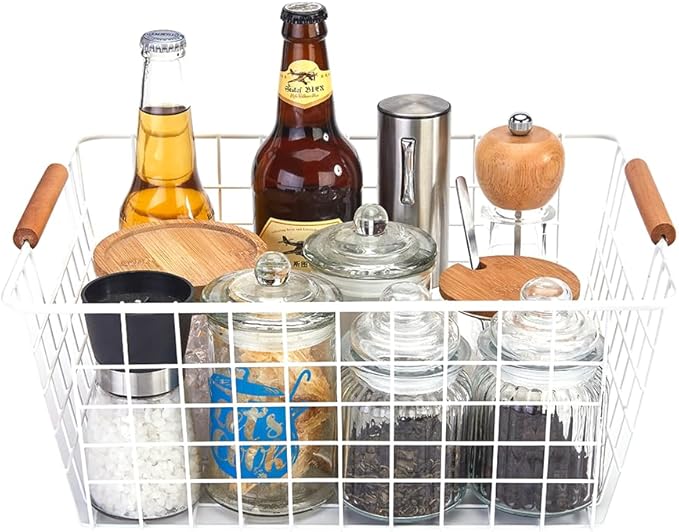LeleCAT Large white wire baskets with Wooden Handles for storage pantry, Storage Organizer Baskets, Household Refrigerator for Cabinets, Closets, Bedrooms, kitchen - Set of 2（White）