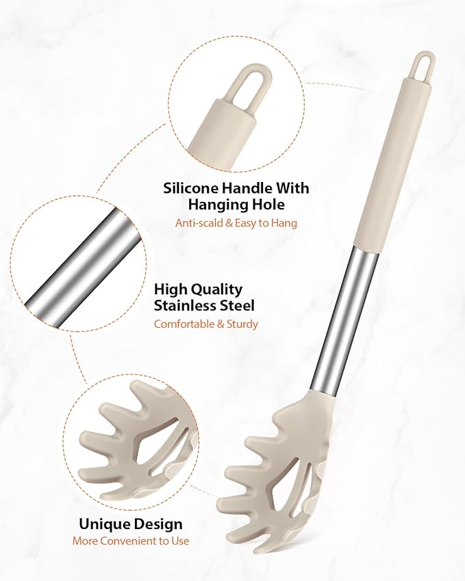 Silicone Spaghetti Spoon & Pasta Tong With Pasta Measurer, 3 Pack of Non-Stick Stainless Steel Handle Pasta Fork Set with Teeth, Food Clip for Easy Serving of Noodles (KHAKI)