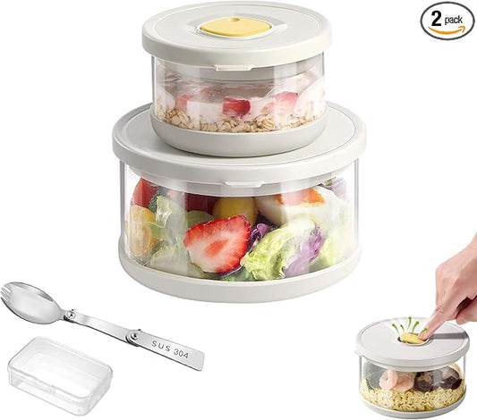 Glass Food Storage Containers with Airtight Lids, 33.8oz & 11.8oz High-Borosilicate Glass Meal Prep Containers with Spork, Bento Lunch Boxes for Salad, Ramen, Soup, Fruit - 2 Pack, White