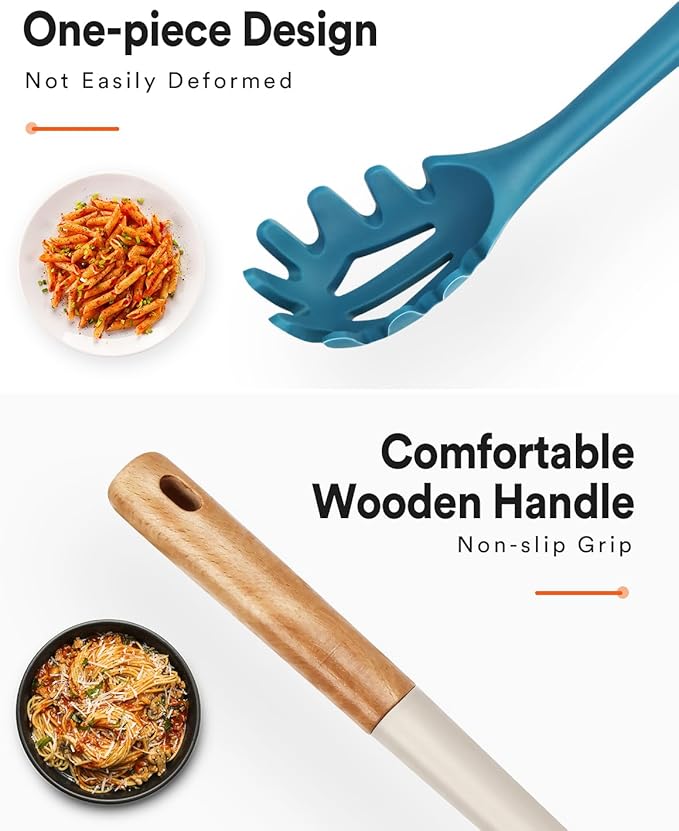 Silicone Pasta Fork, Kitchen Heat Resistant Noodle Spoon Server, BPA Free Spaghetti Strainer,12.8 inch (Khaki & Blue)