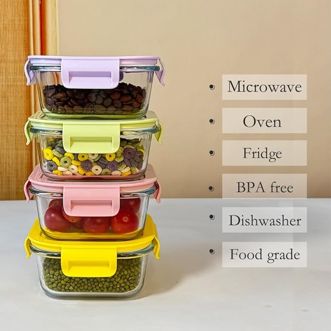 8 Pcs Square Glass Food Storage Container with Lids, 16OZ Square Glass Meal Prep Containers Set, 2 Cup glass Food Storage for Lunch Salad, Microwave, Oven, Freezer, Dishwasher Safe (4 Pack)