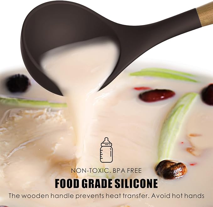 Silicone Cooking Utensils Set - 446°F Heat Resistant Silicone Kitchen Utensils for Cooking,Kitchen Utensil Spatula Set w Wooden Handles and Holder for Non-Stick Cookware, BPA FREE (Coffee)