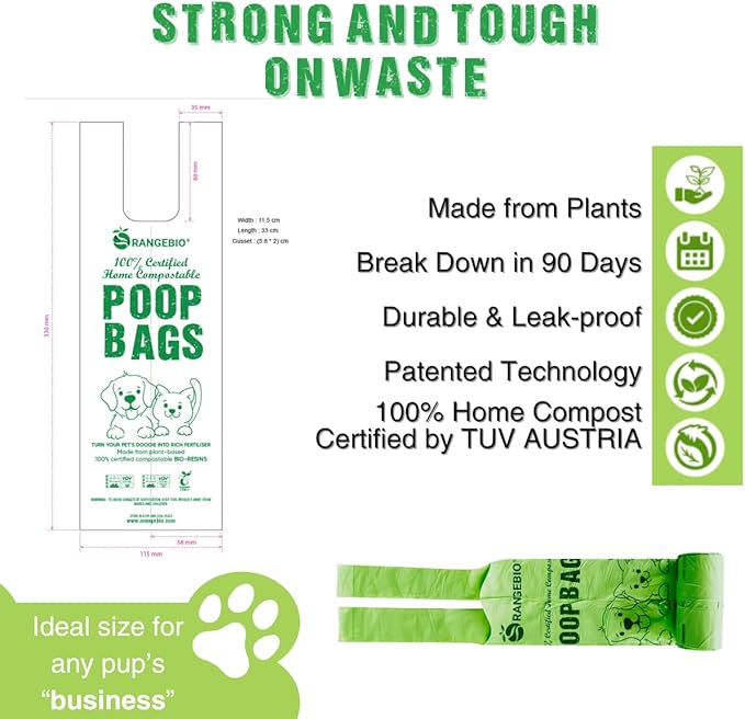 OrangeBio Dog Poop Bags with Handles, Scented, 100% Certified Home Compostable, 13 x 9 Inches - 180 Count (15 Bags per Roll, 12 Rolls), OK Compost Home