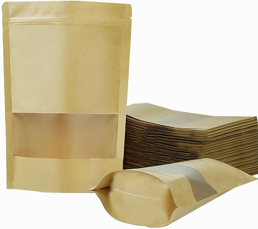 100 PCS Resealable Stand Up Kraft Paper Bags With Matte Window, Zipper Lock Food Storage for Small Business and Home, 5.51 * 7.87 Inch Reusable Sealable Packaging