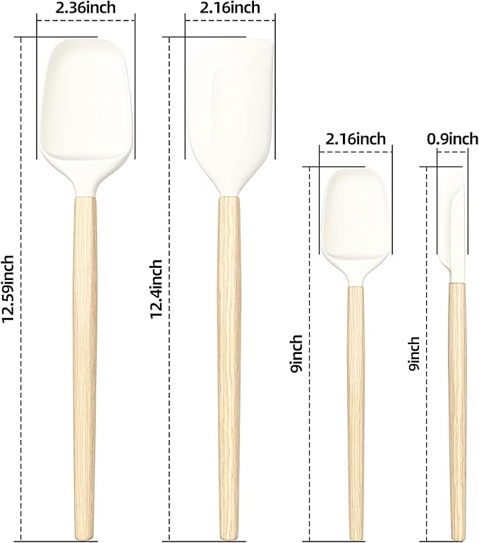 Wooden Handle Silicone Rubber Spatula Set for Kitchen Baking, Cooking, and Mixing High Heat Resistant Non Stick Dishwasher Safe BPA-Free Black+blue Set of 2 (Wooden Handle Spatula 4Piece)