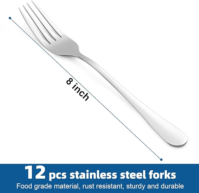 12 Piece Dinner Forks Set, Food-Grade Stainless Steel Forks Silverware, Cutlery Forks, Dessert Forks, Metal Forks for Home, Kitchen or Restaurant, Mirror Polished, Dishwasher Safe - 8 Inch