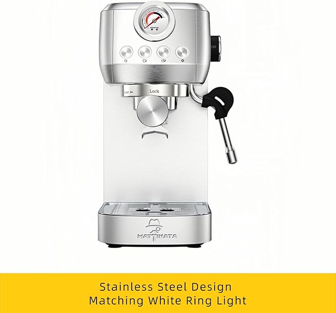 CM1663 Espresso Machine, 20 Bar Compact Coffee Maker with Milk Frother Steam Wand for Cappuccino, Latte, Professional Pressure Gauge & 49oz Removable Water Tank for Home，Stainless Steel