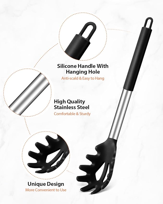 Silicone Spaghetti Spoon & Pasta Tong With Pasta Measurer, 3 Pack of Non-Stick Stainless Steel Handle Pasta Fork Set with Teeth, Food Clip for Easy Serving of Noodles (BLACK)