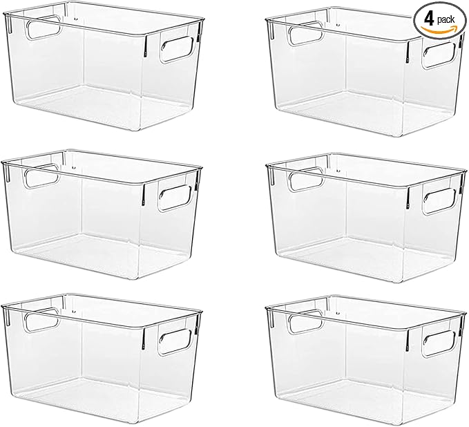 Clear Pantry Organizer Bins, Storage Containers & Plastic Containers with Handle, Cabinet Organizer, Home Organization Must Haves for Kitchen, Laundry Room, Office, Closet & Freezer (6 Pack)