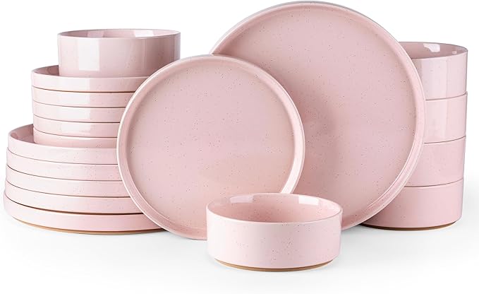 AmorArc Ceramic Dinnerware Set for 6 | Speckled Stoneware Plates and Bowls with Rustic Terracotta Underside| Scratch Resistant,Dishwasher & Microwave Safe Dishes Sets- 18pcs Pink