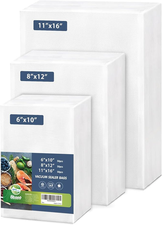 Precut Vacuum Sealer Bags, 150 Gallon 11" x 16" and Quart 8" x 12" and Pint 6" x 10" Commercial Grade Textured Food Sealer Bag, Vacuum Storage Bags for Storage, Meal Prep or Sous Vide