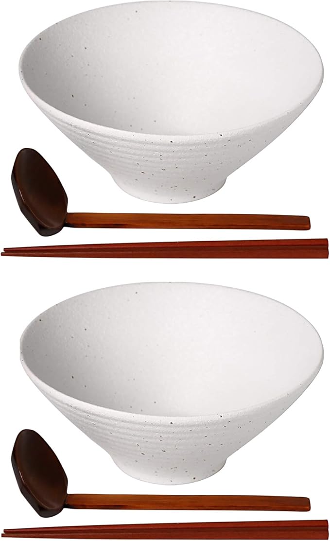 Kanwone Ceramic Japanese Ramen Bowl Set, Noodle Soup Bowls - 60 Ounce, with Matching Spoons and Chopsticks for Udon Soba Pho Asian Noodles, Set of 2, White
