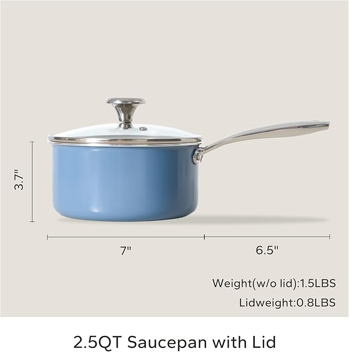 Redchef Nonstick Ceramic Sauce Pan with Lid, 2.5QT Small Cooking Pot with Stay-Cool Handle, Kitchen Non Toxic Soup Pot, PTFE & PFOA Free, Oven & Dishwasher Safe, Compatible with All Stovetops-Blue