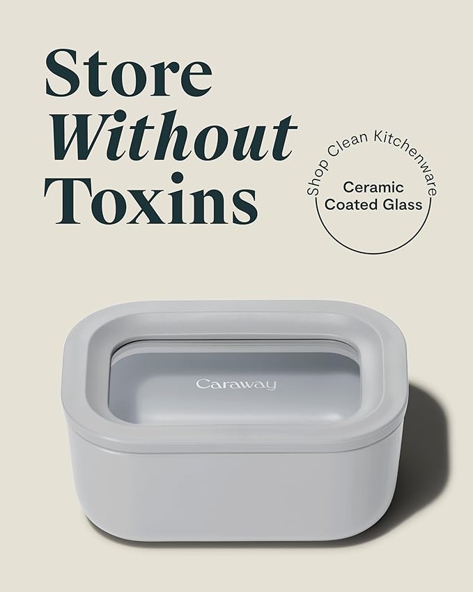 Caraway Mini Rectangle Food Storage Container - 2.6 Cup Glass Storage Container for Food - Non-Toxic Ceramic-Coated Glass - Air Release Technology - Compact & Stackable Design - Gray