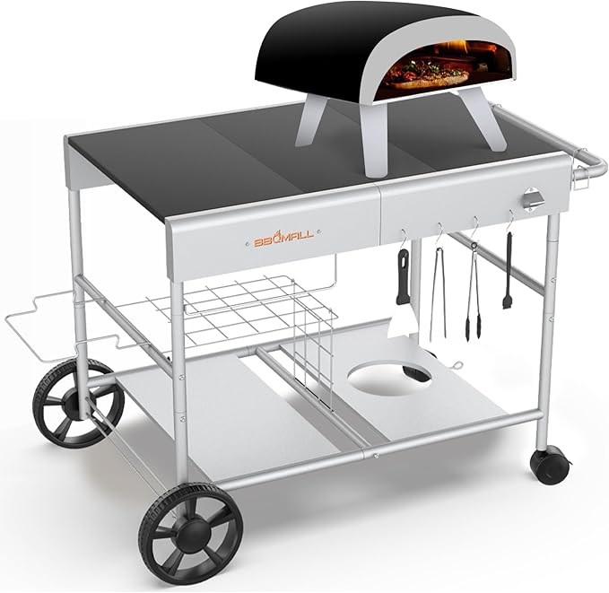 Upgraded Pizza Oven Cart Table for Ooni Koda/Karu/Fyra 16 & 12, Movable Thicken & Widen Rolling Kitchen Cart, Outdoor Grill Stand for Ninja Woodfire,Blackstone Griddle,Carts with Wheels
